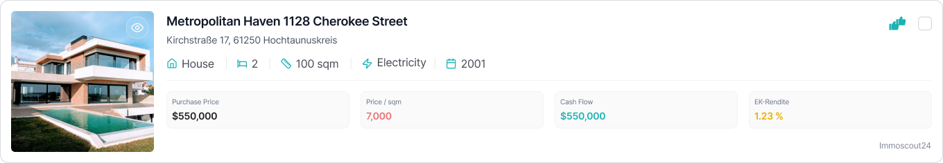Dashboard Objekt-Karte mit Preis, Cashflow und EK-Rendite